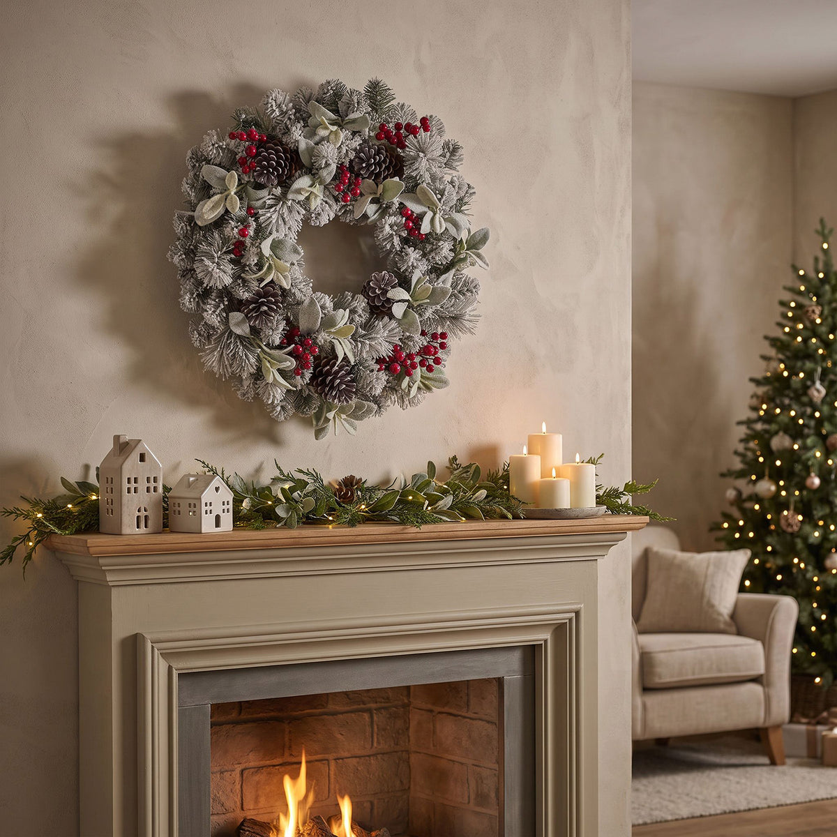 The Christmas Centre Crimson Frost 26in (66cm) Prelit Christmas Wreath with Warm White Battery Operated LED Lights