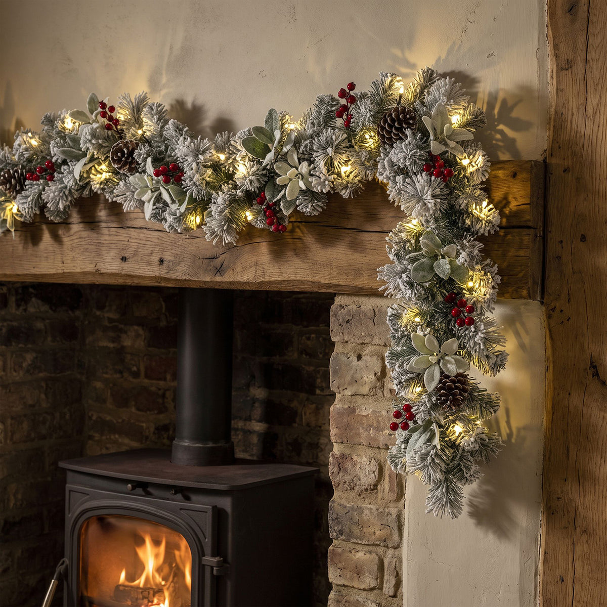 The Christmas Centre Crimson Frost 6ft (180cm) Prelit Christmas Garland with Warm White Battery Operated LED Lights