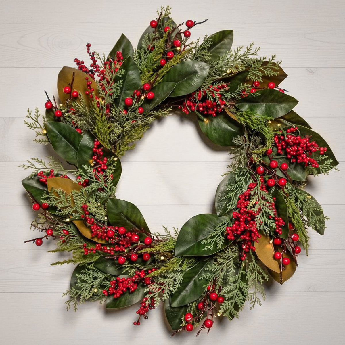 The Christmas Centre Magnolia Berry 26in (66cm) Prelit Christmas Wreath with Warm White Battery Operated LED Lights