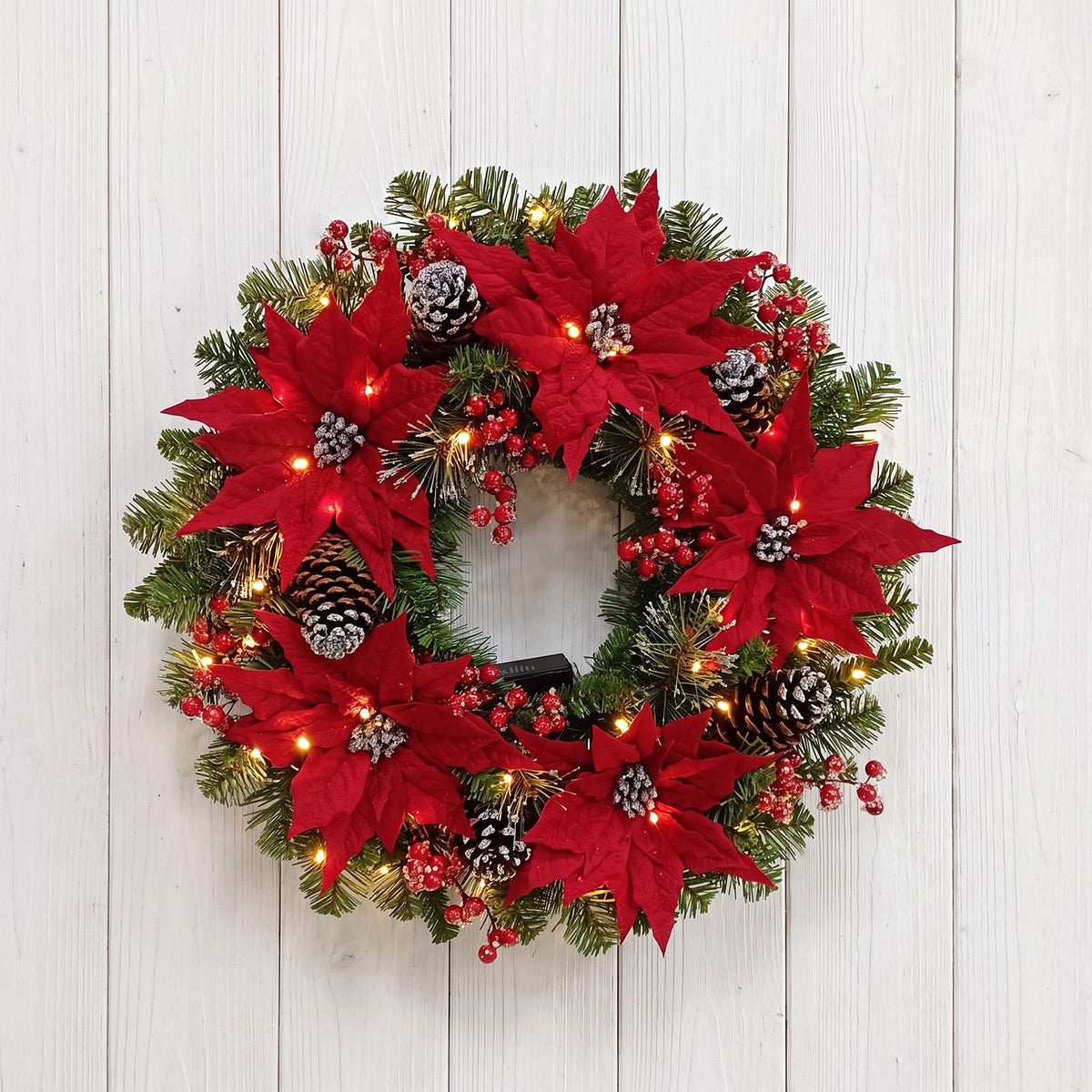 The Christmas Centre Noel Poinsettia 26in (66cm) Prelit Christmas Wreath with Warm White Battery Operated LED Lights