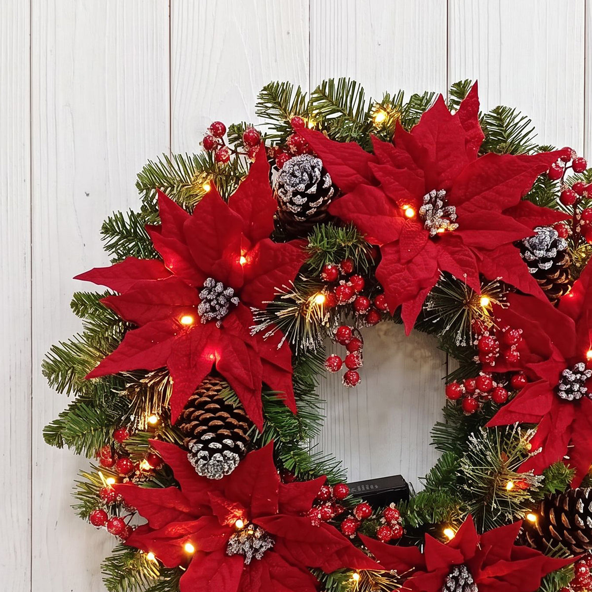 The Christmas Centre Noel Poinsettia 26in (66cm) Prelit Christmas Wreath with Warm White Battery Operated LED Lights