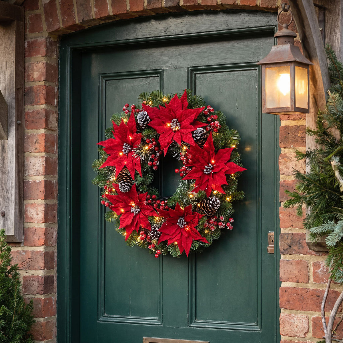 The Christmas Centre Noel Poinsettia 26in (66cm) Prelit Christmas Wreath with Warm White Battery Operated LED Lights