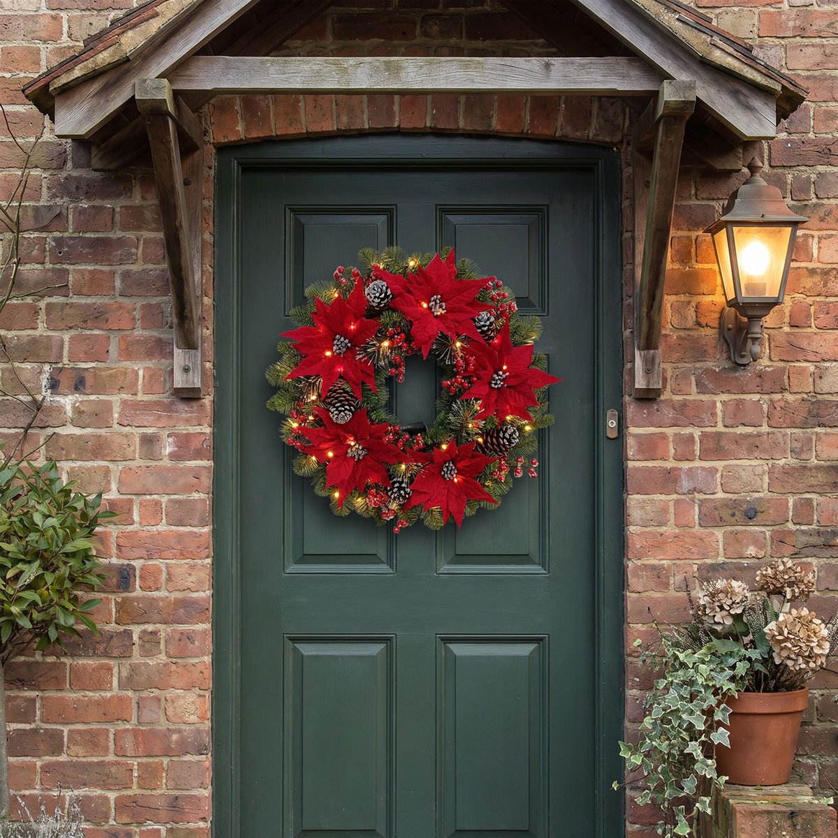 The Christmas Centre Noel Poinsettia 26in (66cm) Prelit Christmas Wreath with Warm White Battery Operated LED Lights