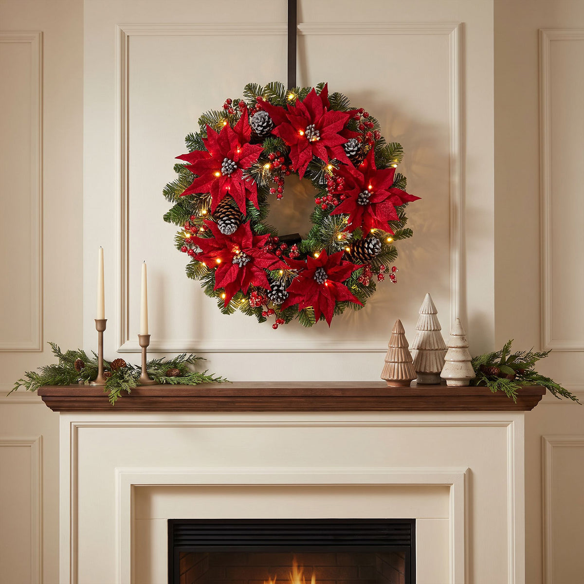 The Christmas Centre Noel Poinsettia 26in (66cm) Prelit Christmas Wreath with Warm White Battery Operated LED Lights