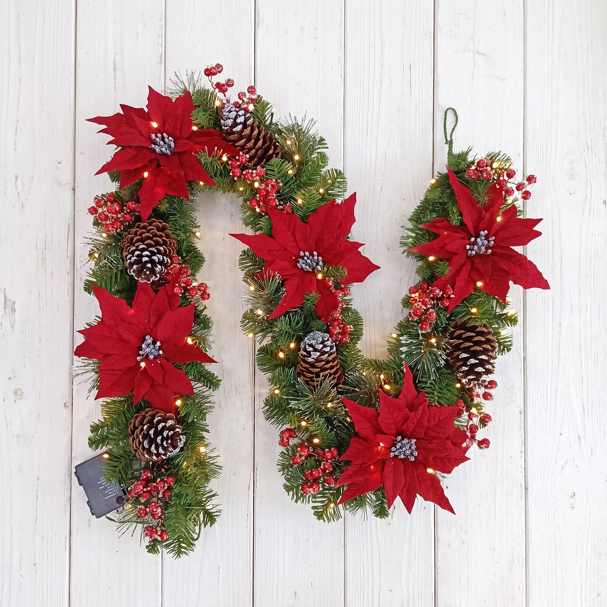 The Christmas Centre Noel Poinsettia 9ft (270cm) Prelit Christmas Garland with Warm White Battery Operated LED Lights