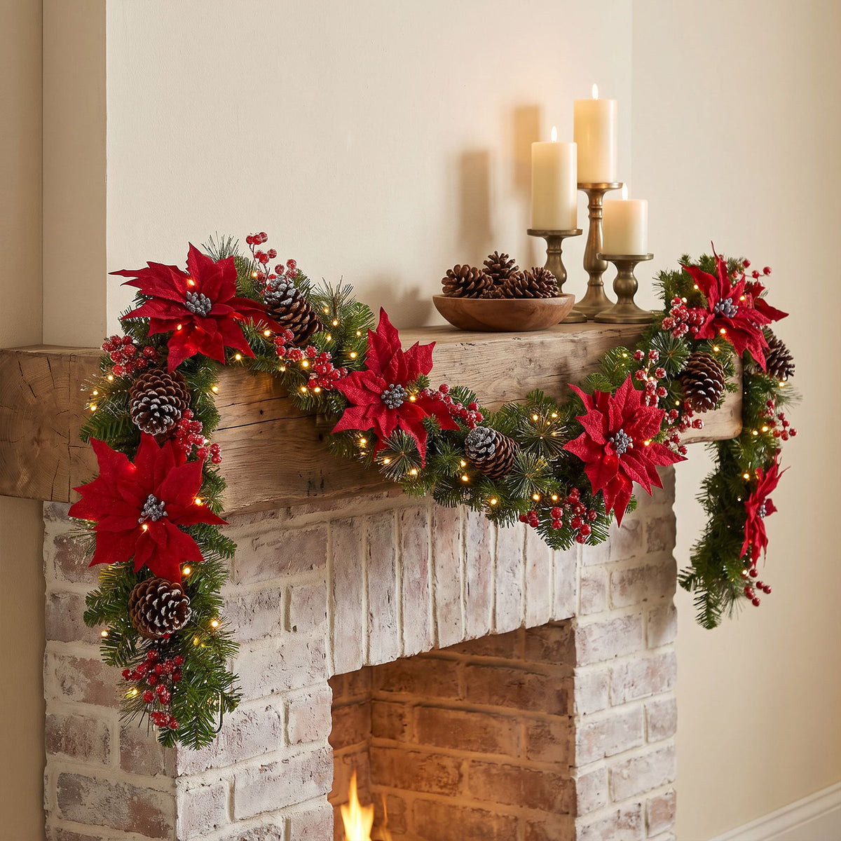 The Christmas Centre Noel Poinsettia 9ft (270cm) Prelit Christmas Garland with Warm White Battery Operated LED Lights
