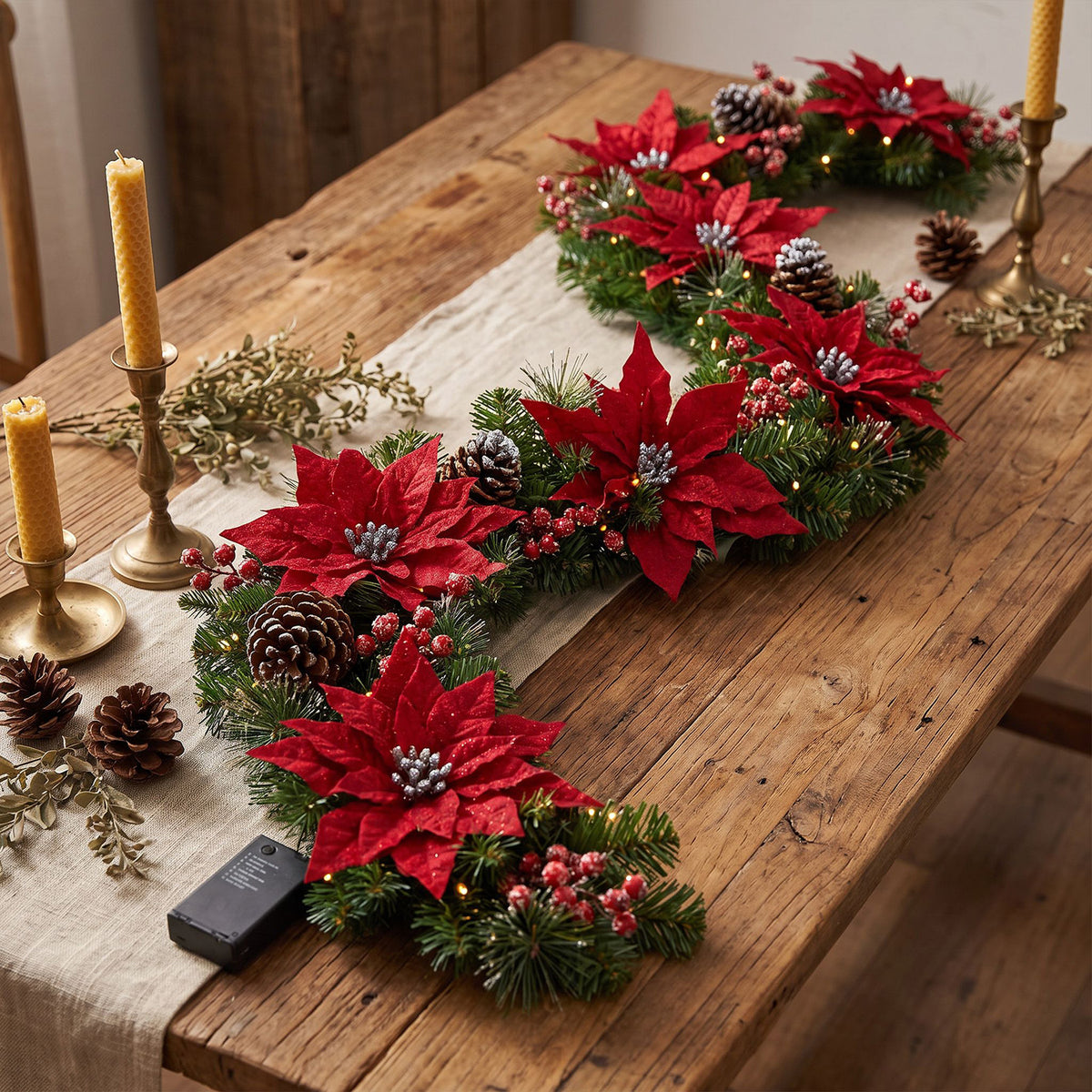 The Christmas Centre Noel Poinsettia 9ft (270cm) Prelit Christmas Garland with Warm White Battery Operated LED Lights
