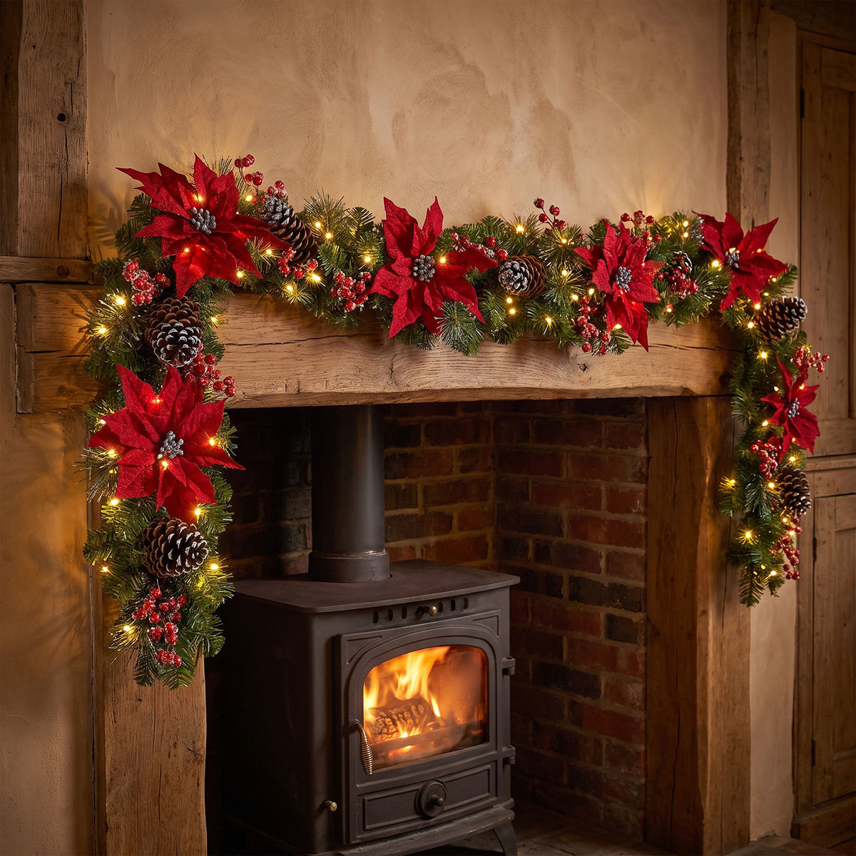The Christmas Centre Noel Poinsettia 9ft (270cm) Prelit Christmas Garland with Warm White Battery Operated LED Lights