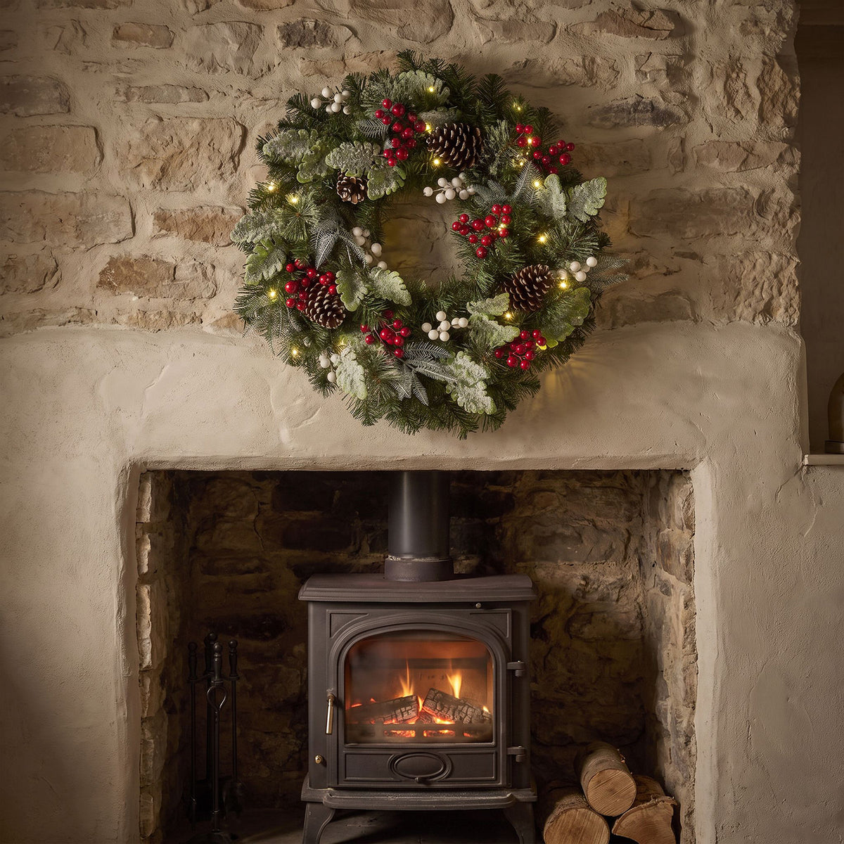The Christmas Centre Pine Grove 26in (66cm) Prelit Christmas Wreath with Warm White Battery Operated LED Lights