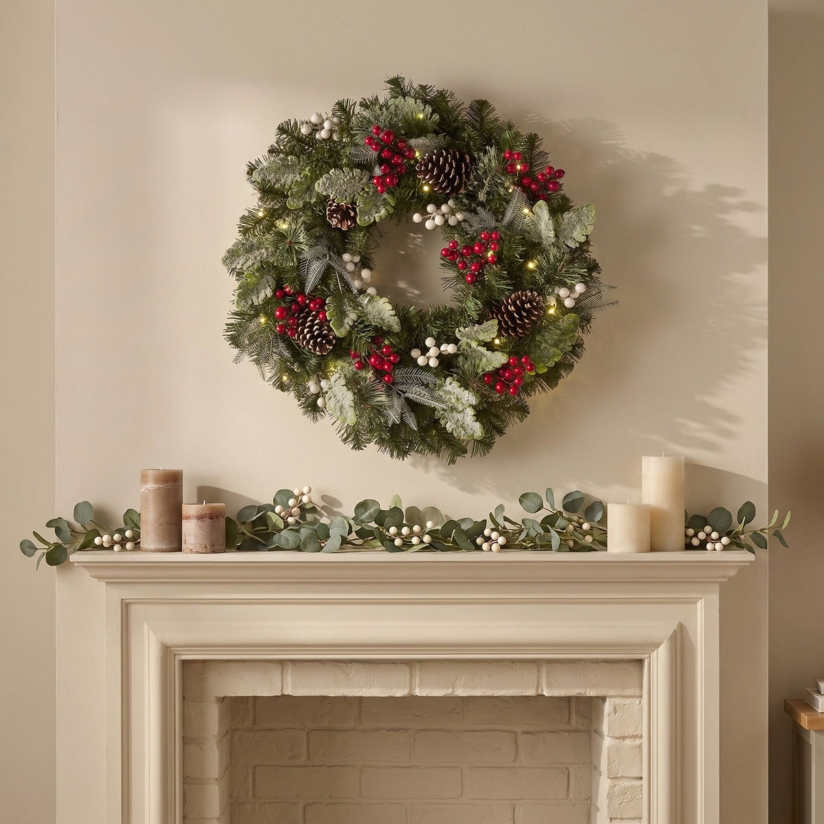 The Christmas Centre Pine Grove 26in (66cm) Prelit Christmas Wreath with Warm White Battery Operated LED Lights