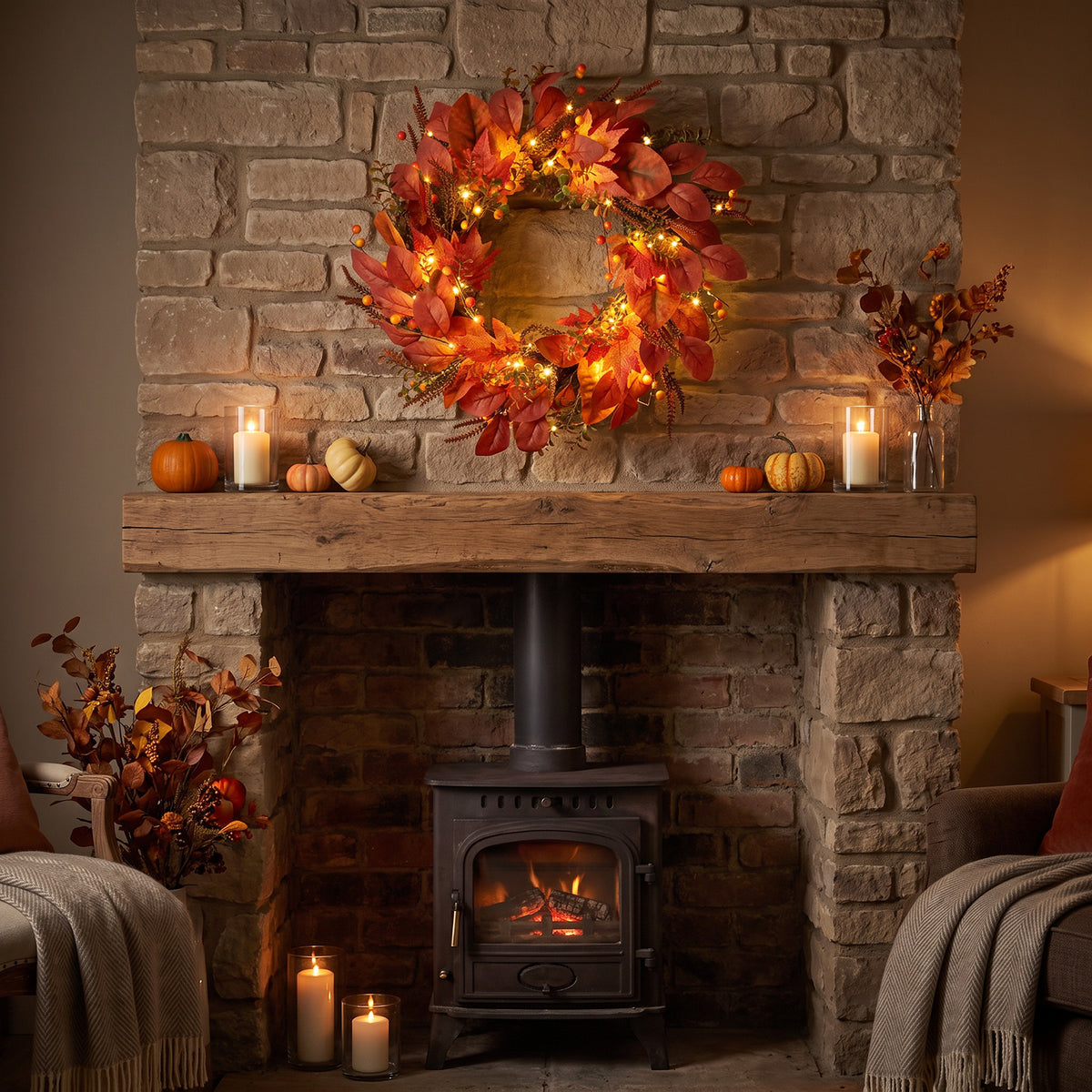 The Christmas Centre 26in Prelit Rustic Autumn Wreath with Warm White Battery Operated LED Lights
