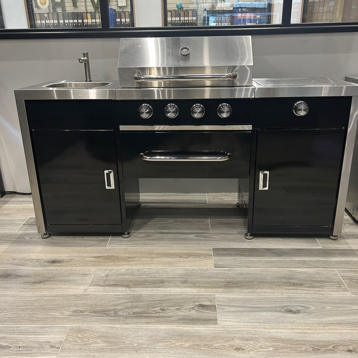 Ex Display Draco Grills Black 4 Burner Gas Barbecue Outdoor Kitchen Island with Sink and Side Burner