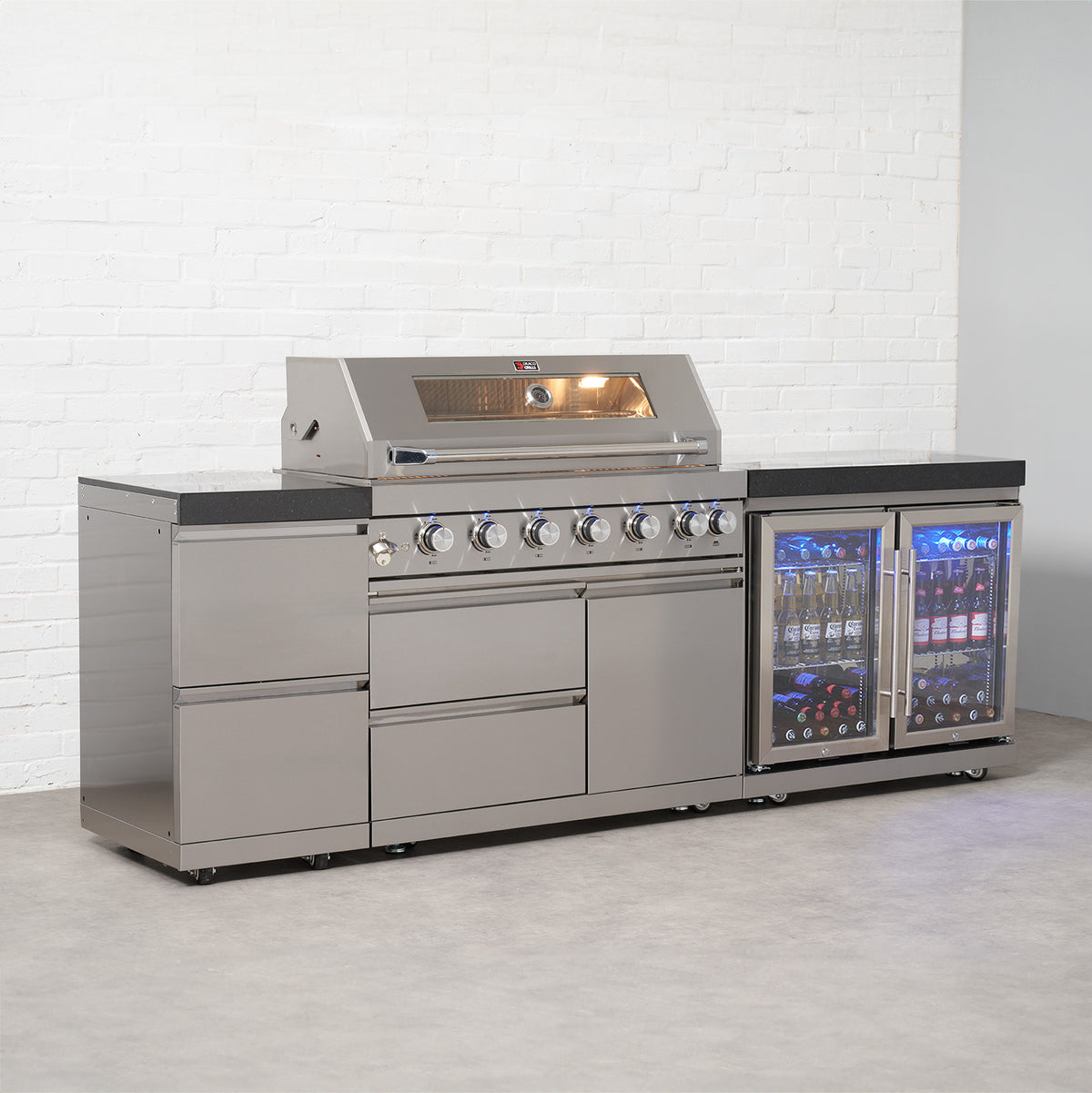 Draco Grills 6 Burner BBQ Modular Outdoor Kitchen with Double Drawers and Double Fridge Unit