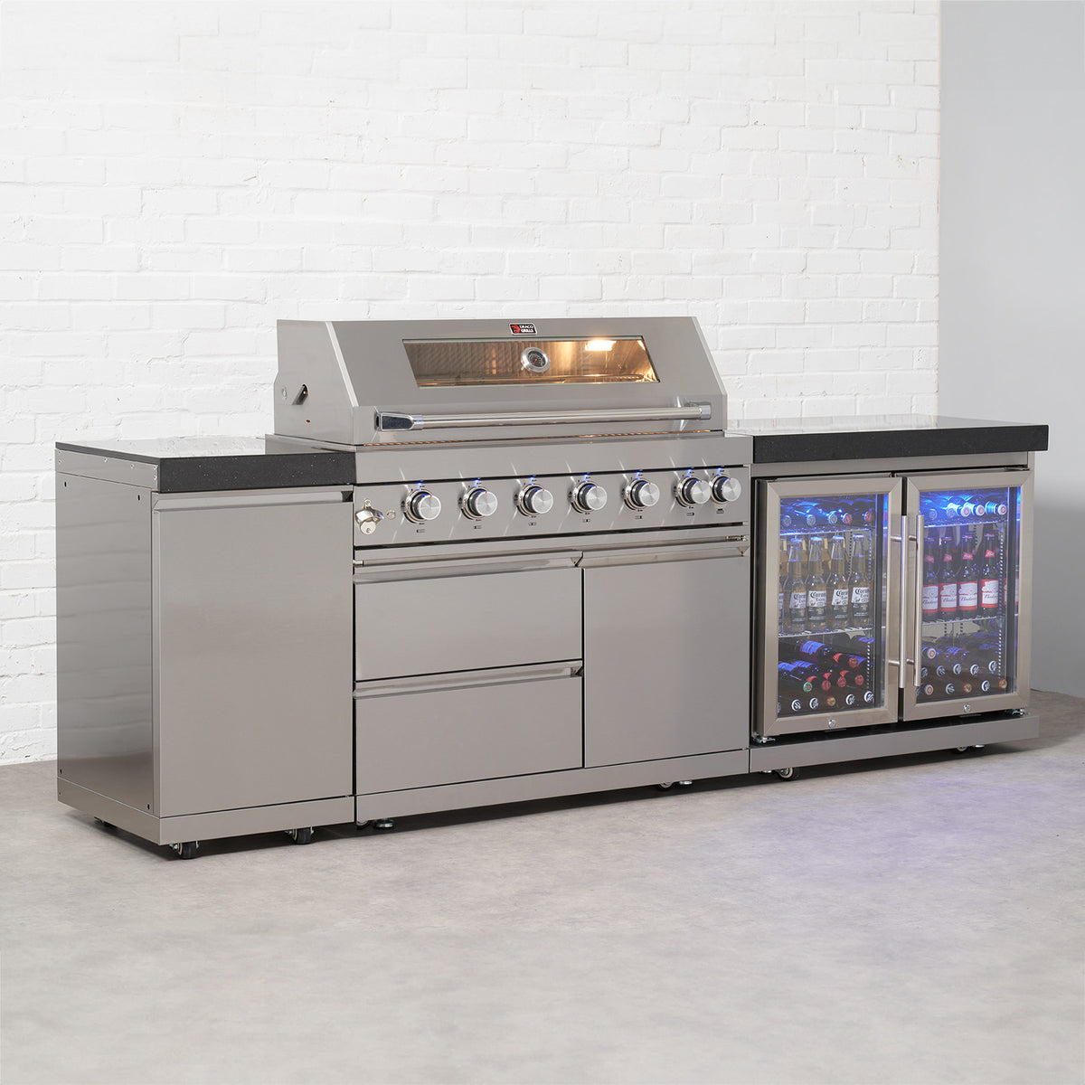 Draco Grills 6 Burner BBQ Modular Outdoor Kitchen with Single Cupboard and Double Fridge Unit