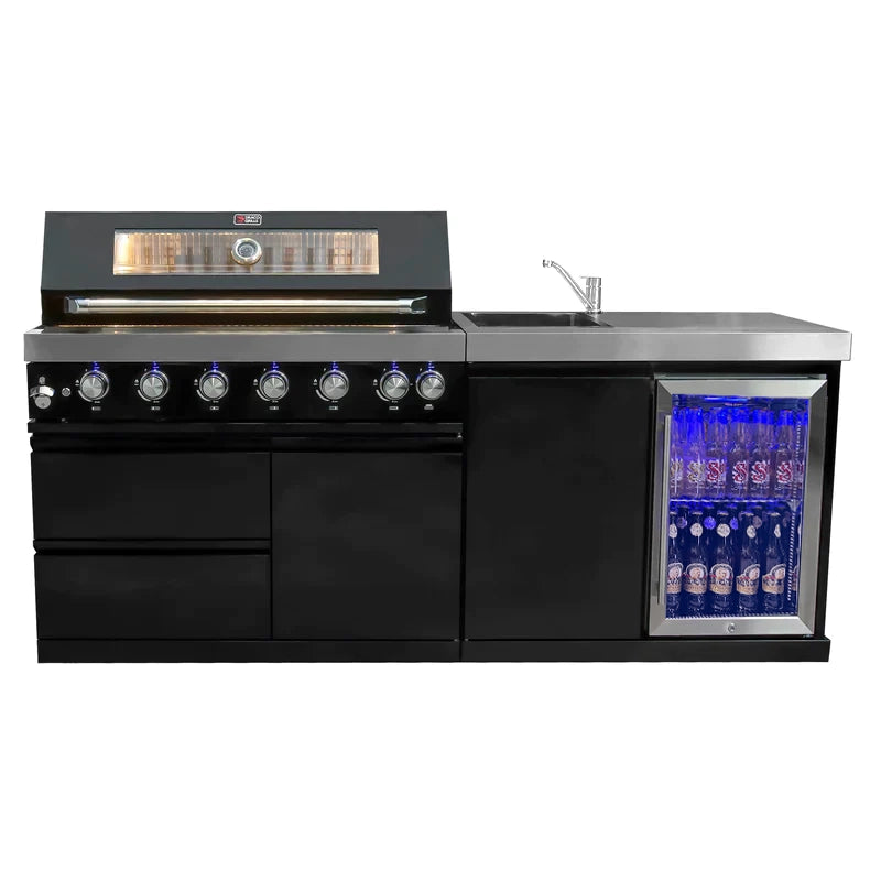 Draco Grills 6 Burner BBQ Black Modular Outdoor Kitchen with Sink &amp; Fridge Unit