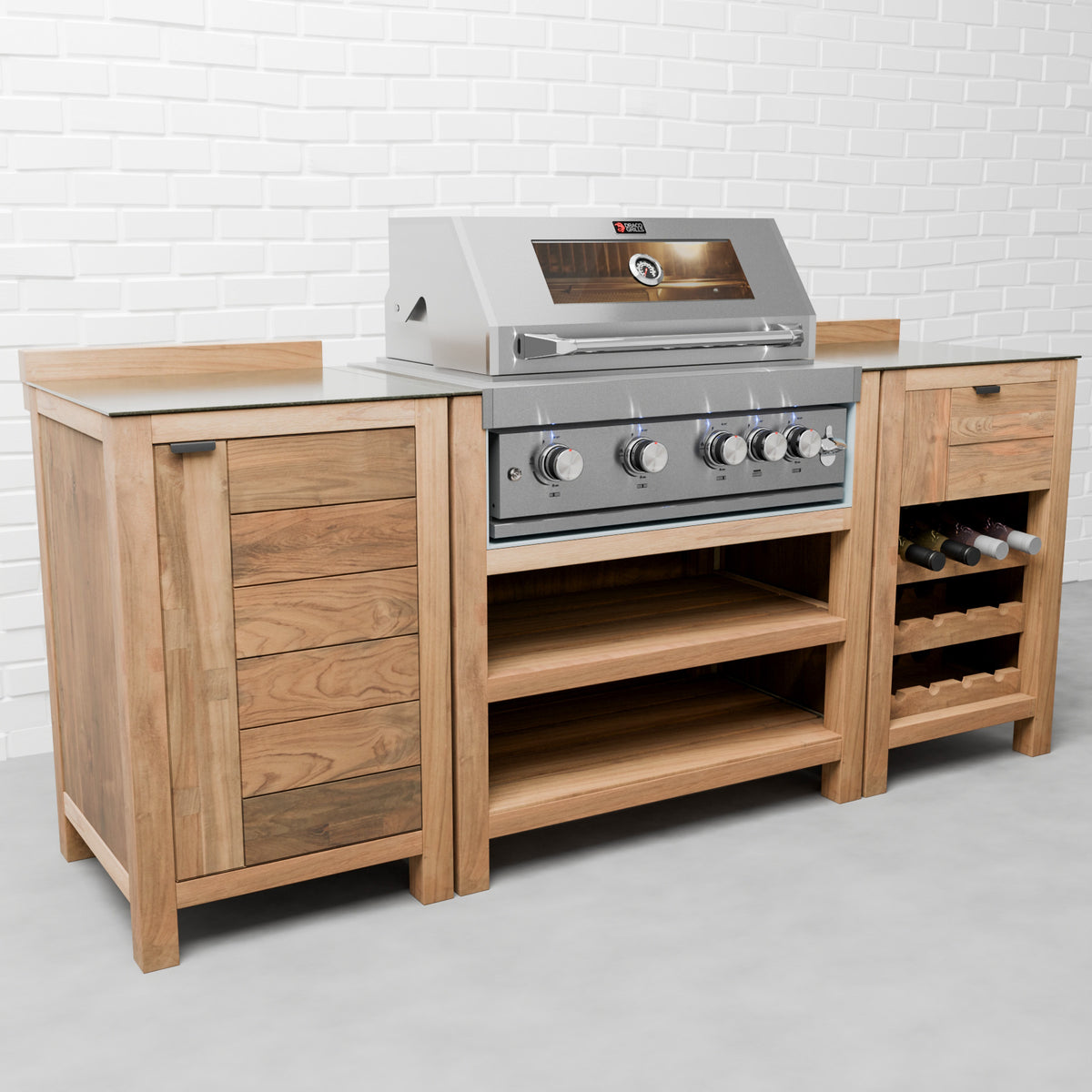 Draco Grills Teak 4 Burner Outdoor Kitchen with Modular Single Cupboard and Wine Cabinet