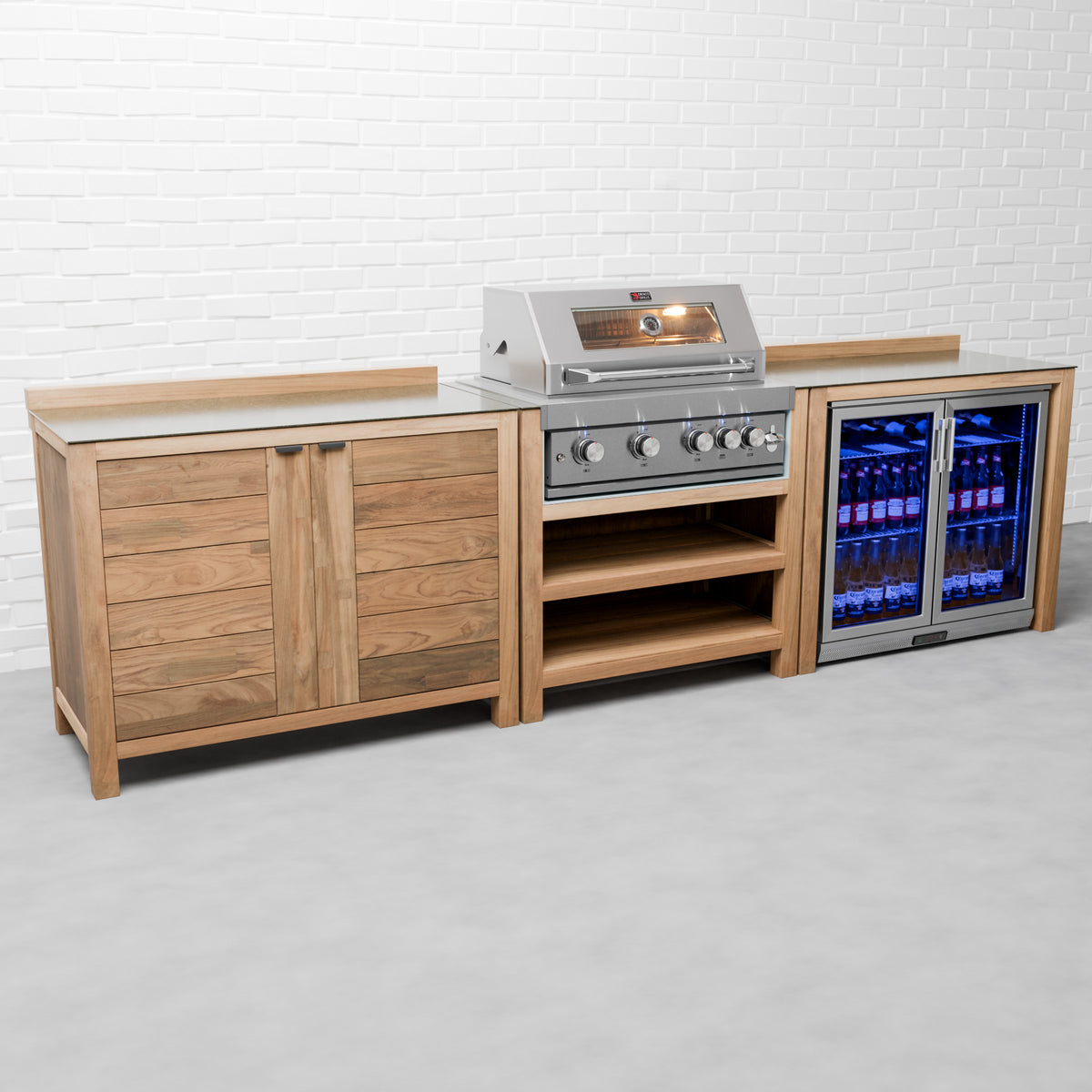 Draco Grills Teak 4 Burner Outdoor Kitchen with Modular Double Cupboard and Double Fridge