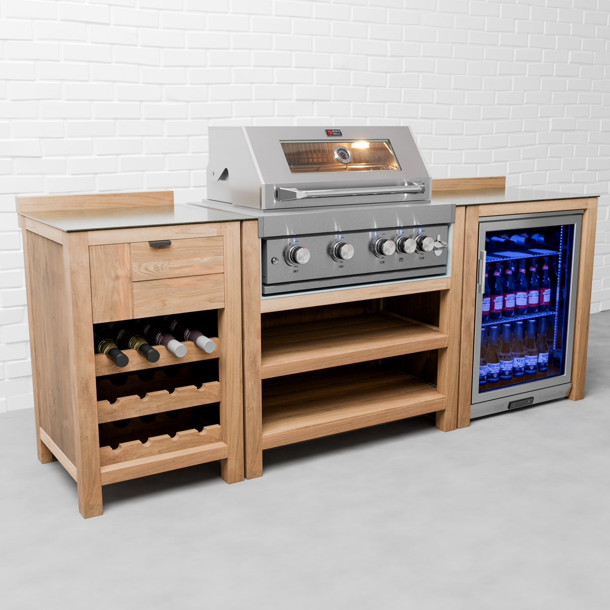 Draco Grills Teak 4 Burner Outdoor Kitchen with Modular Wine Cabinet and Single Fridge