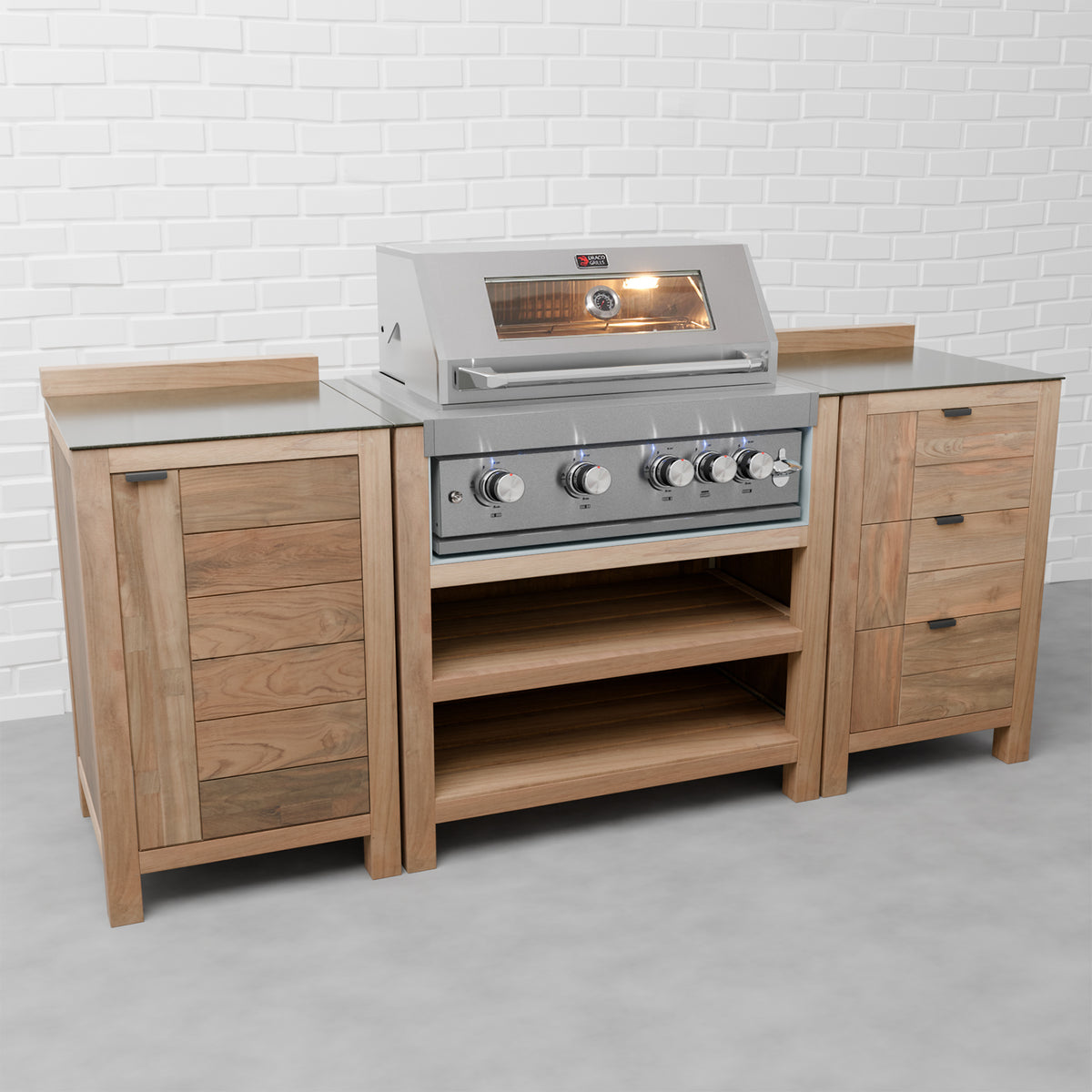Draco Grills Teak 4 Burner Outdoor Kitchen with Modular Single Cupboard and Triple Drawer Unit