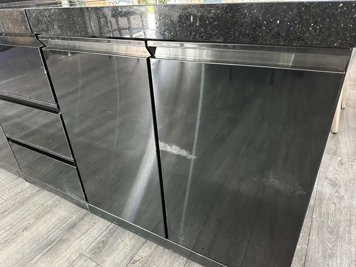 Ex Display Draco Grills 6 Burner Black Stainless Steel Barbecue with Sink Fridge Drawer and Cupboard
