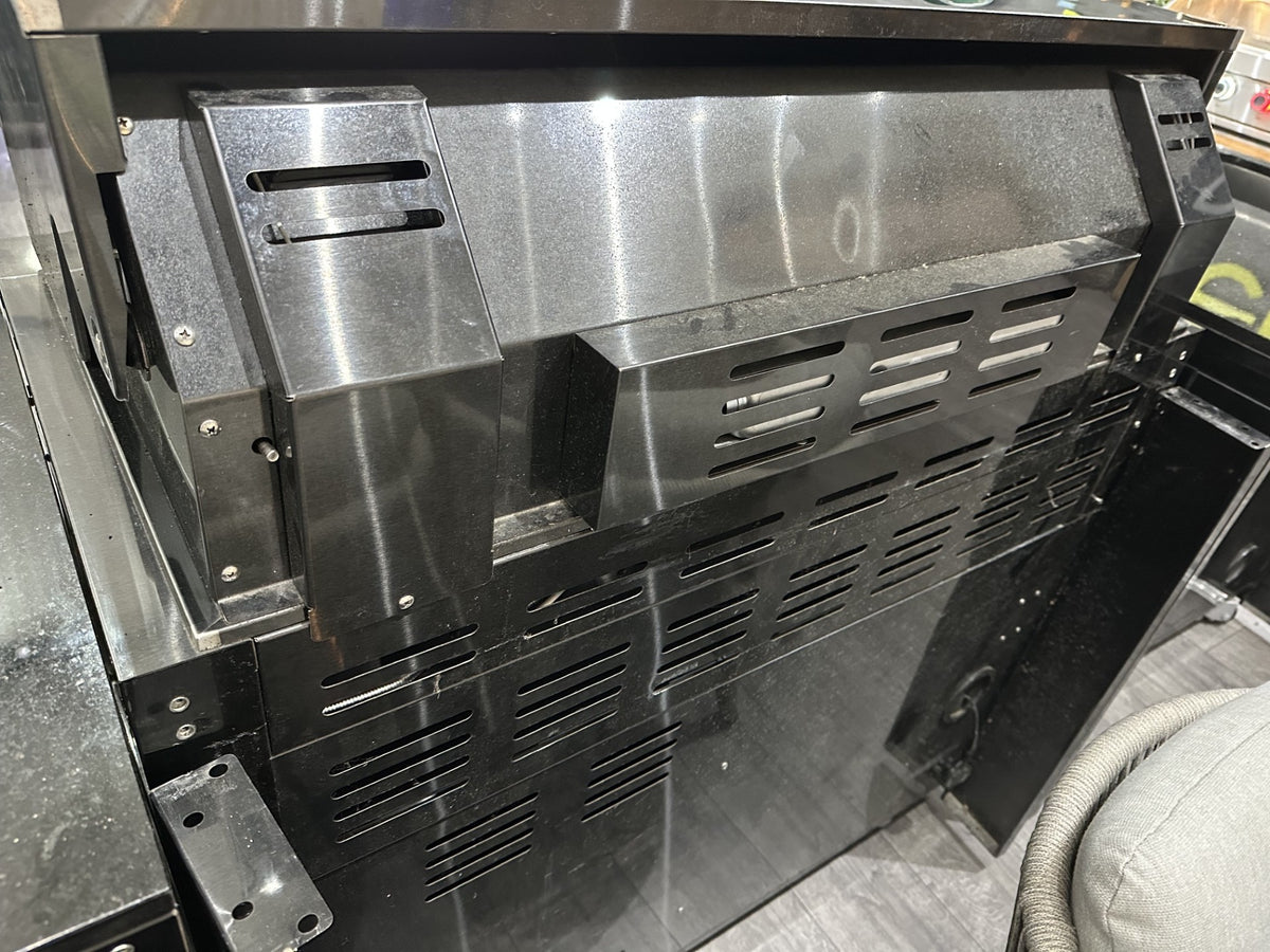 Ex Display Draco Grills 6 Burner Black Stainless Steel Barbecue with Sink Fridge Drawer and Cupboard