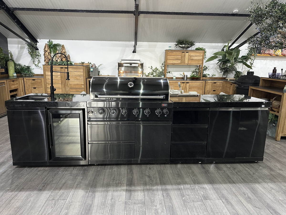 Ex Display Draco Grills 6 Burner Black Stainless Steel Barbecue with Sink Fridge Drawer and Cupboard