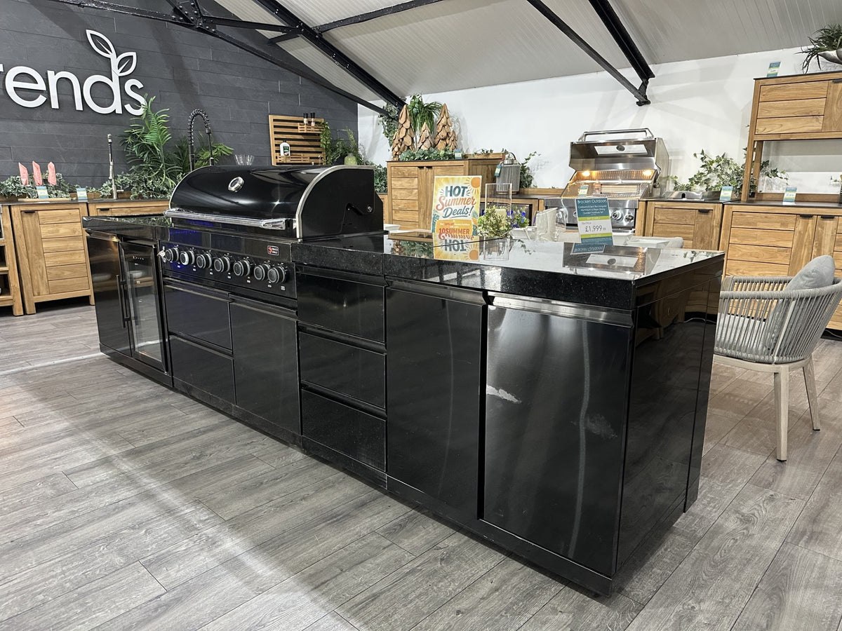 Ex Display Draco Grills 6 Burner Black Stainless Steel Barbecue with Sink Fridge Drawer and Cupboard