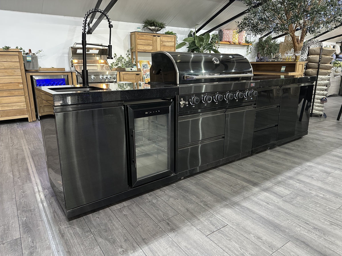 Ex Display Draco Grills 6 Burner Black Stainless Steel Barbecue with Sink Fridge Drawer and Cupboard