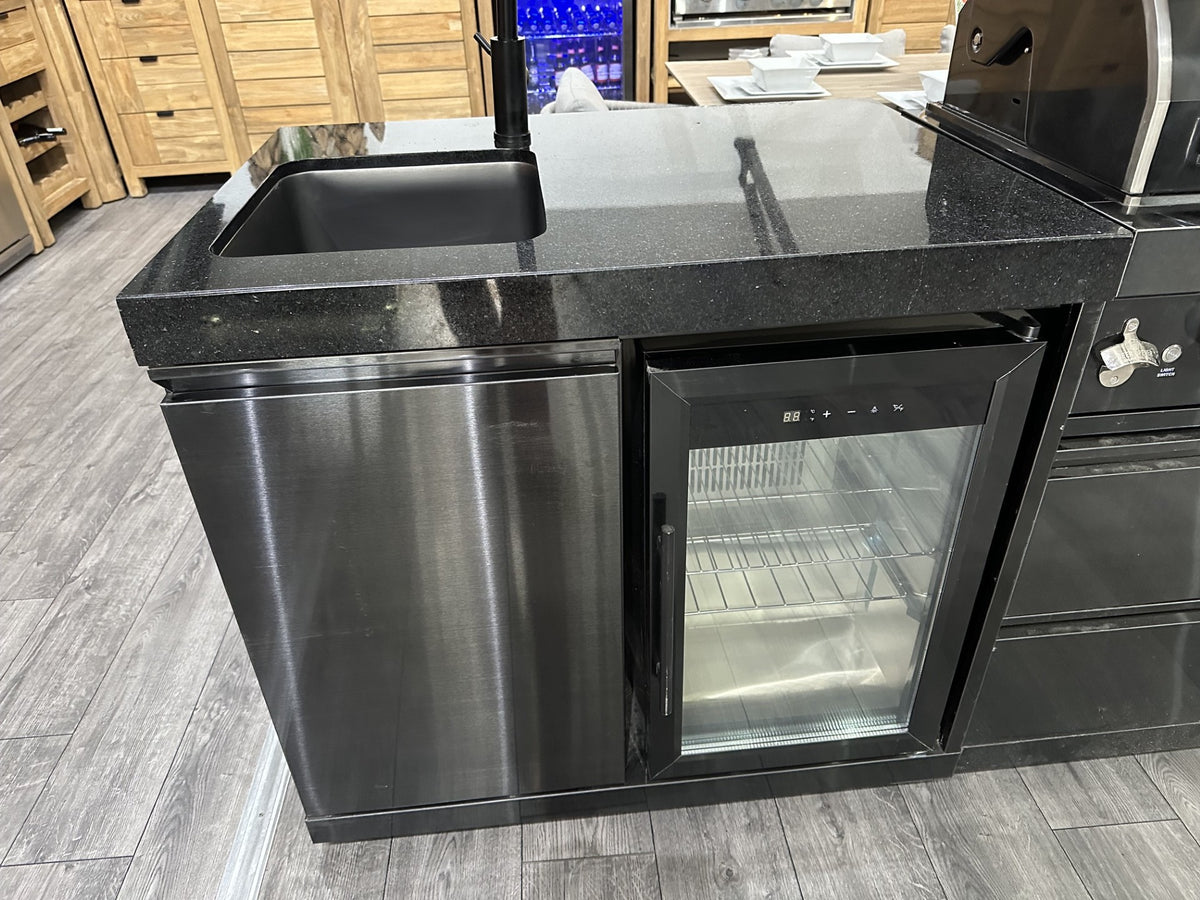 Ex Display Draco Grills 6 Burner Black Stainless Steel Barbecue with Sink Fridge Drawer and Cupboard