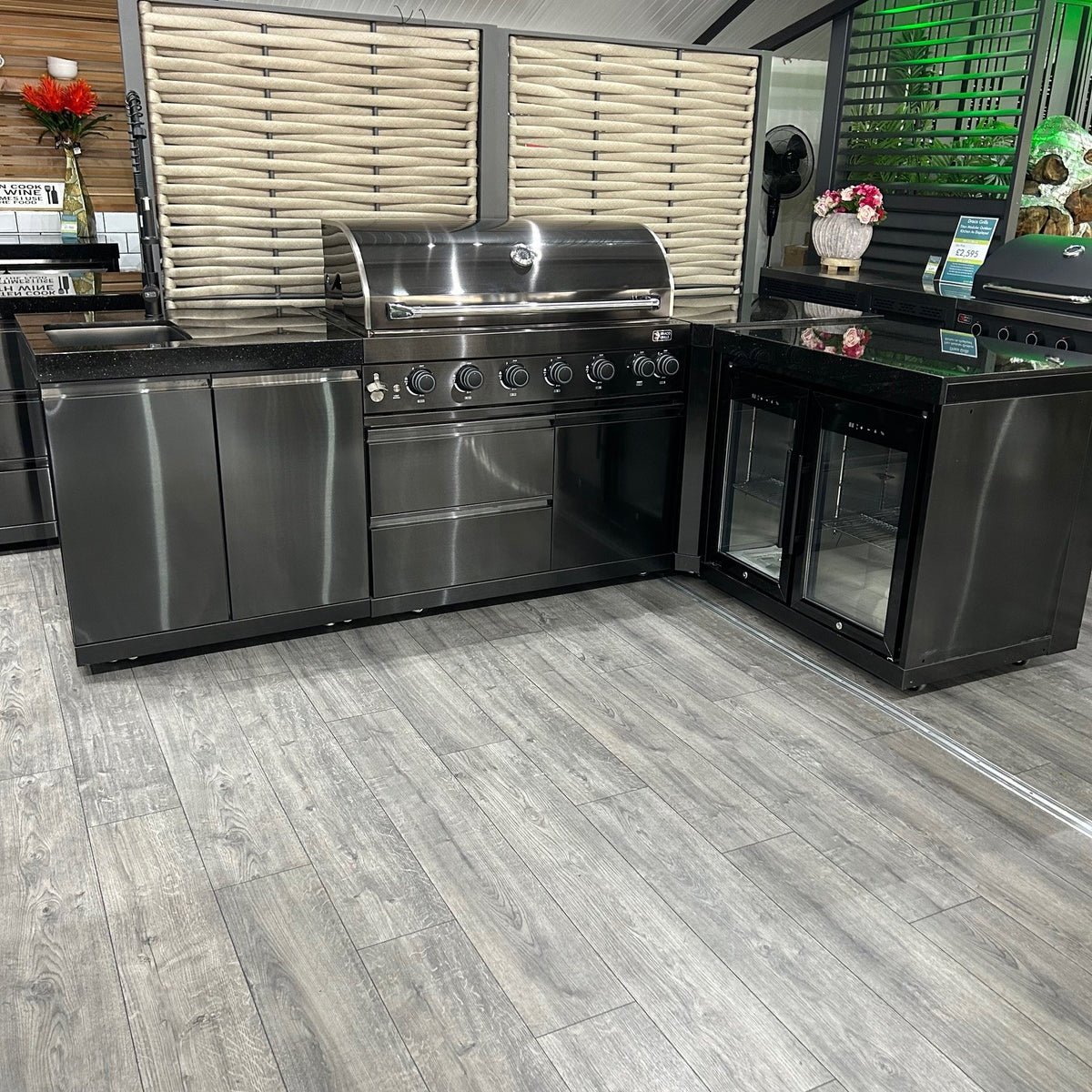Ex Display Draco Grills 6 Burner BBQ Black Stainless Steel Modular Outdoor Kitchen Double Fridge Unit, 90 Degree Corner and Sink Unit