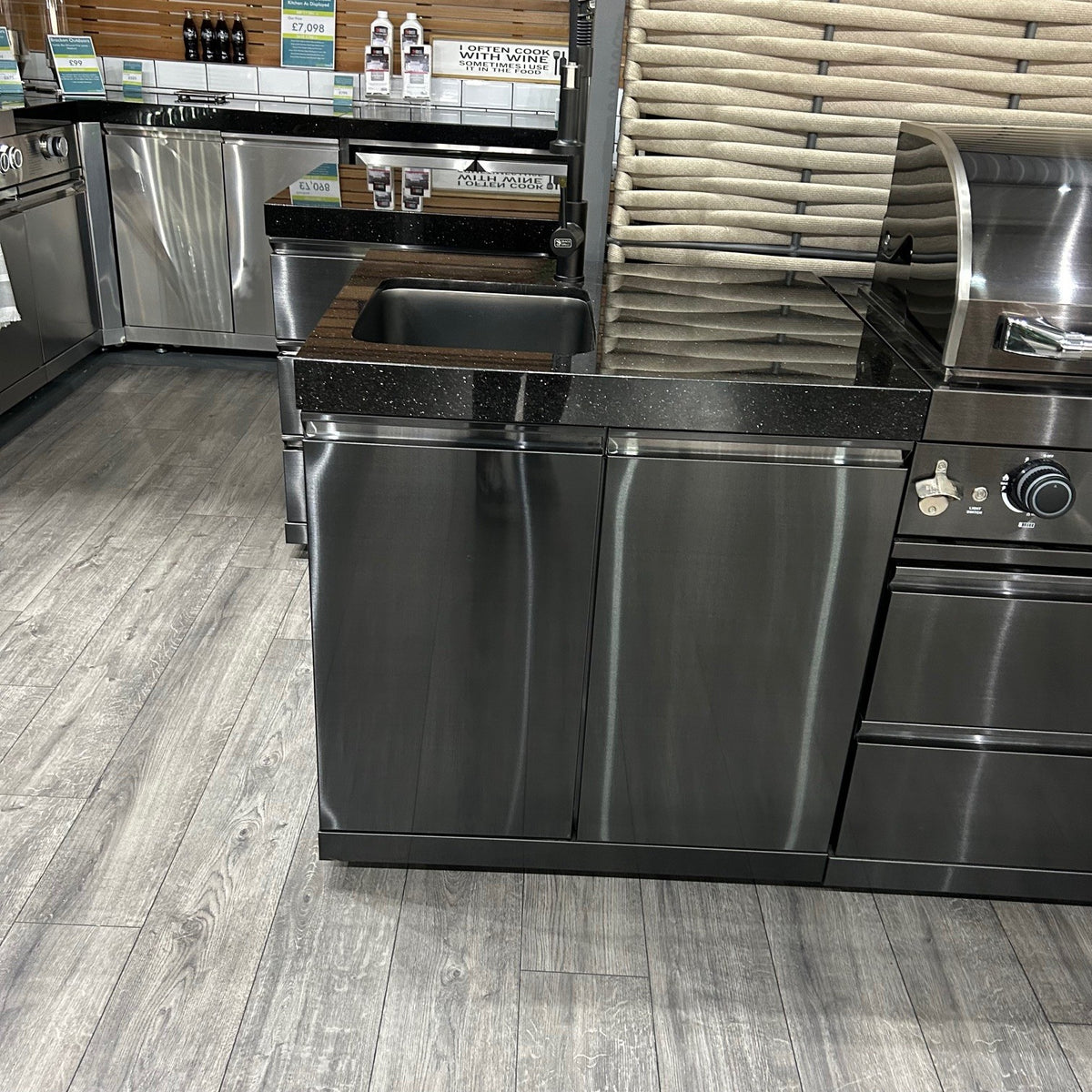 Ex Display Draco Grills 6 Burner BBQ Black Stainless Steel Modular Outdoor Kitchen Double Fridge Unit, 90 Degree Corner and Sink Unit