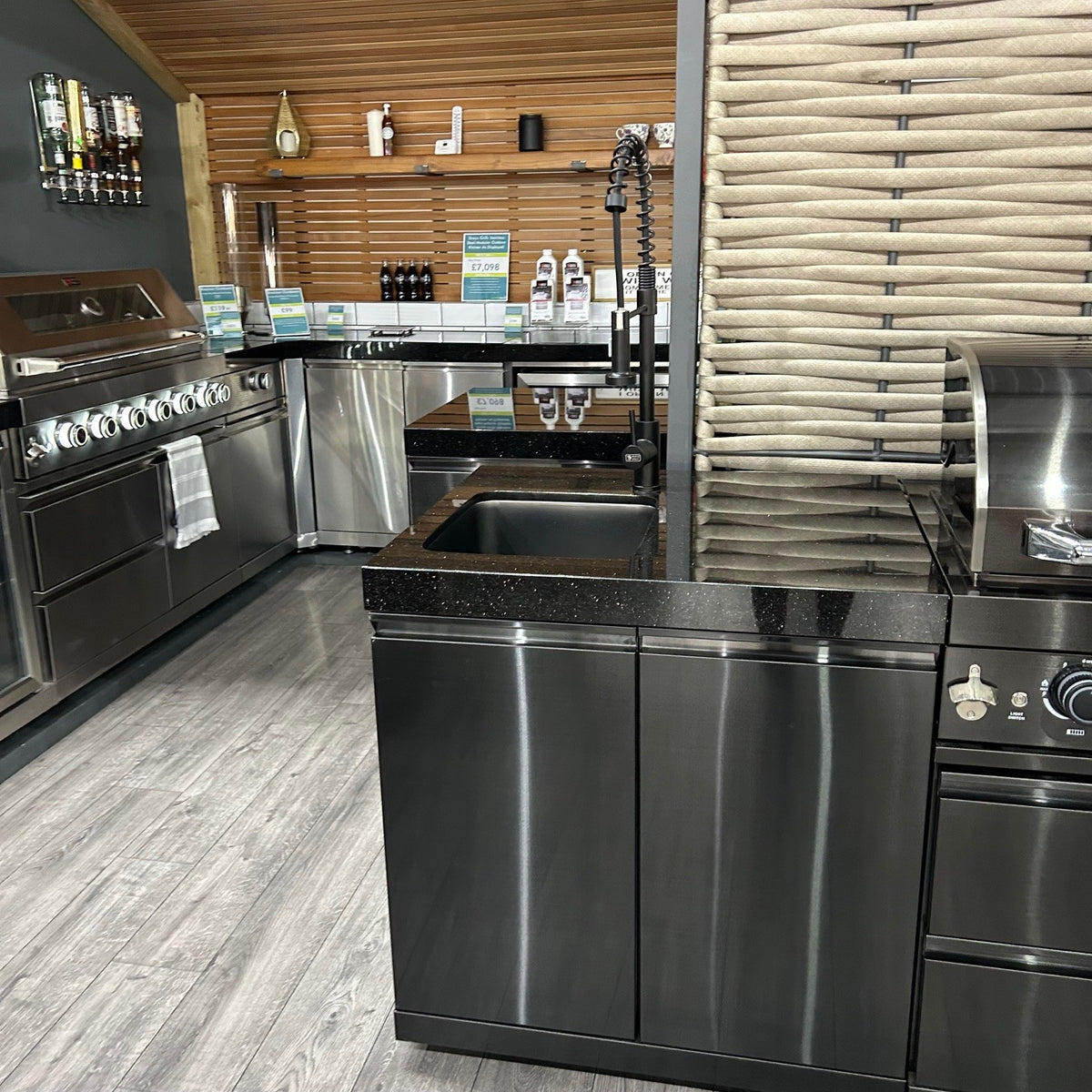 Ex Display Draco Grills 6 Burner BBQ Black Stainless Steel Modular Outdoor Kitchen Double Fridge Unit, 90 Degree Corner and Sink Unit