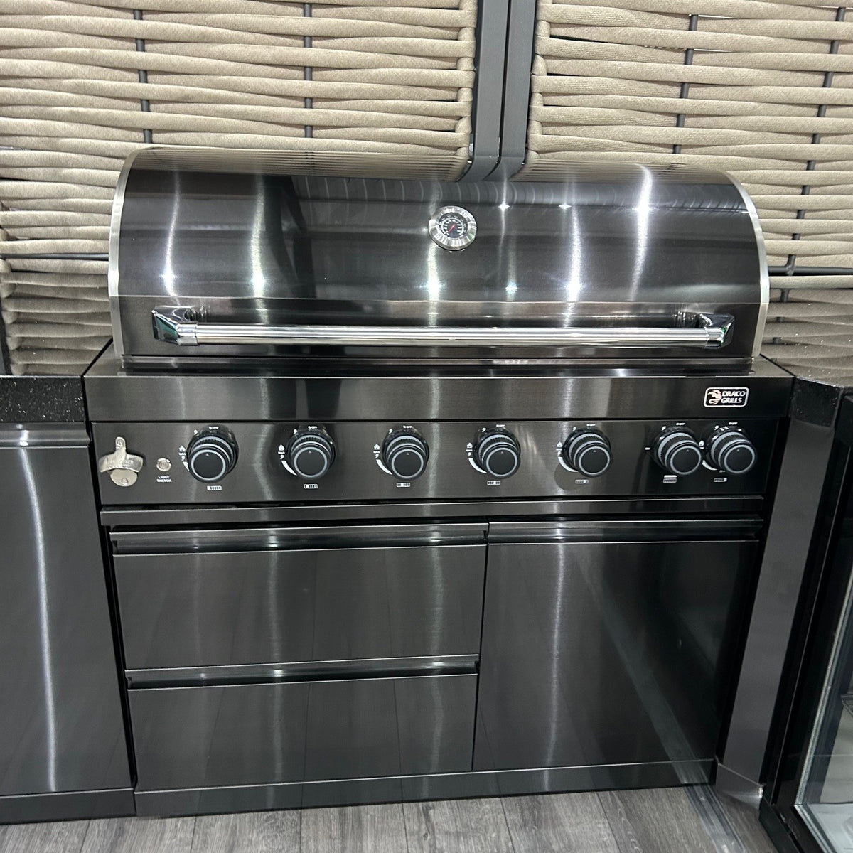 Ex Display Draco Grills 6 Burner BBQ Black Stainless Steel Modular Outdoor Kitchen Double Fridge Unit, 90 Degree Corner and Sink Unit