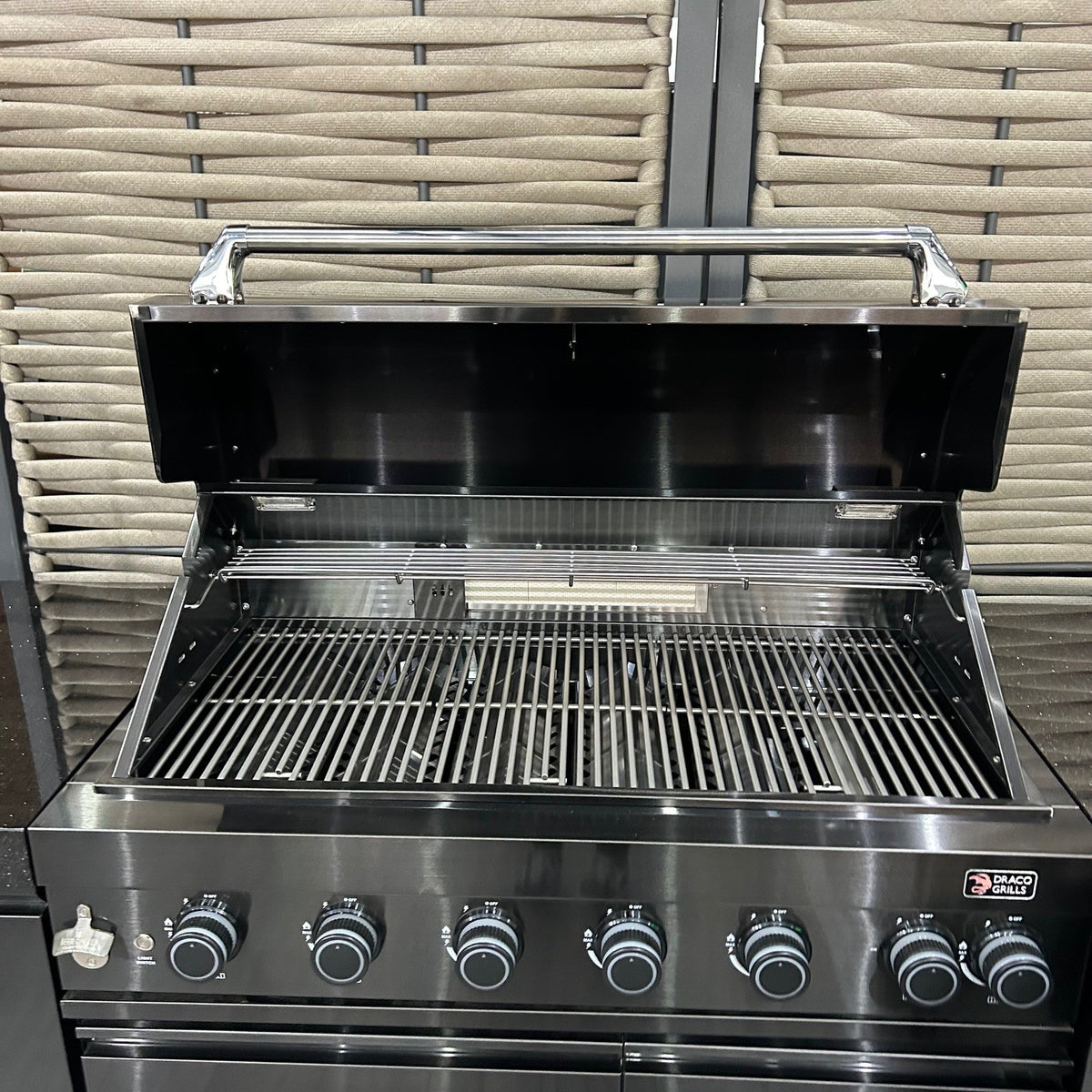 Ex Display Draco Grills 6 Burner BBQ Black Stainless Steel Modular Outdoor Kitchen Double Fridge Unit, 90 Degree Corner and Sink Unit