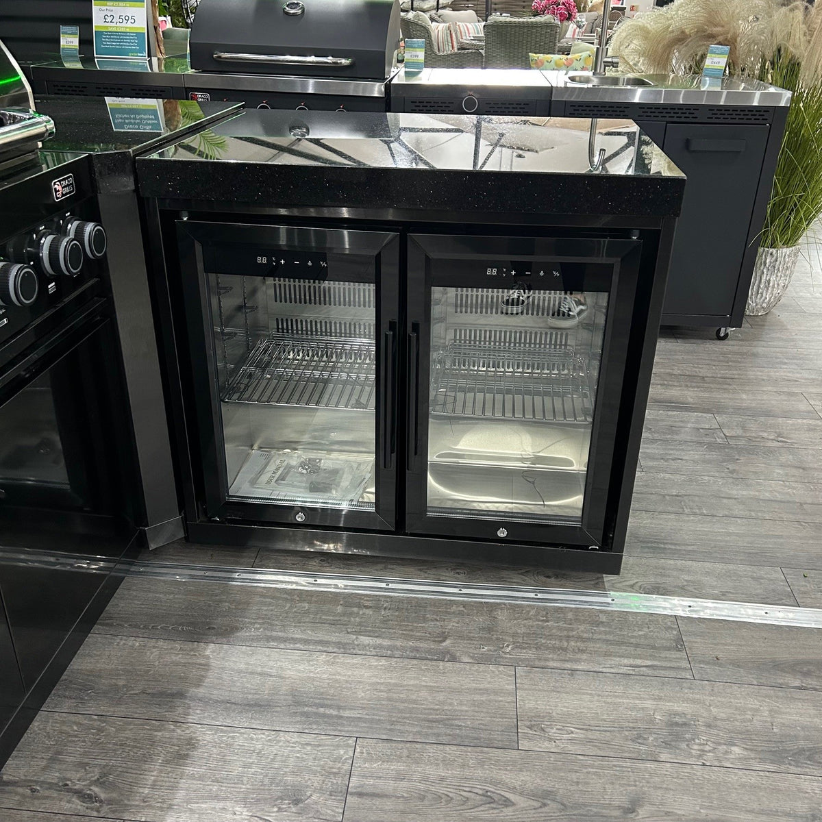 Ex Display Draco Grills 6 Burner BBQ Black Stainless Steel Modular Outdoor Kitchen Double Fridge Unit, 90 Degree Corner and Sink Unit