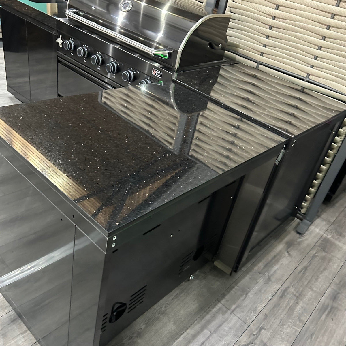 Ex Display Draco Grills 6 Burner BBQ Black Stainless Steel Modular Outdoor Kitchen Double Fridge Unit, 90 Degree Corner and Sink Unit