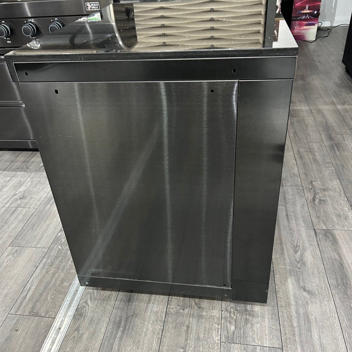 Ex Display Draco Grills 6 Burner BBQ Black Stainless Steel Modular Outdoor Kitchen Double Fridge Unit, 90 Degree Corner and Sink Unit