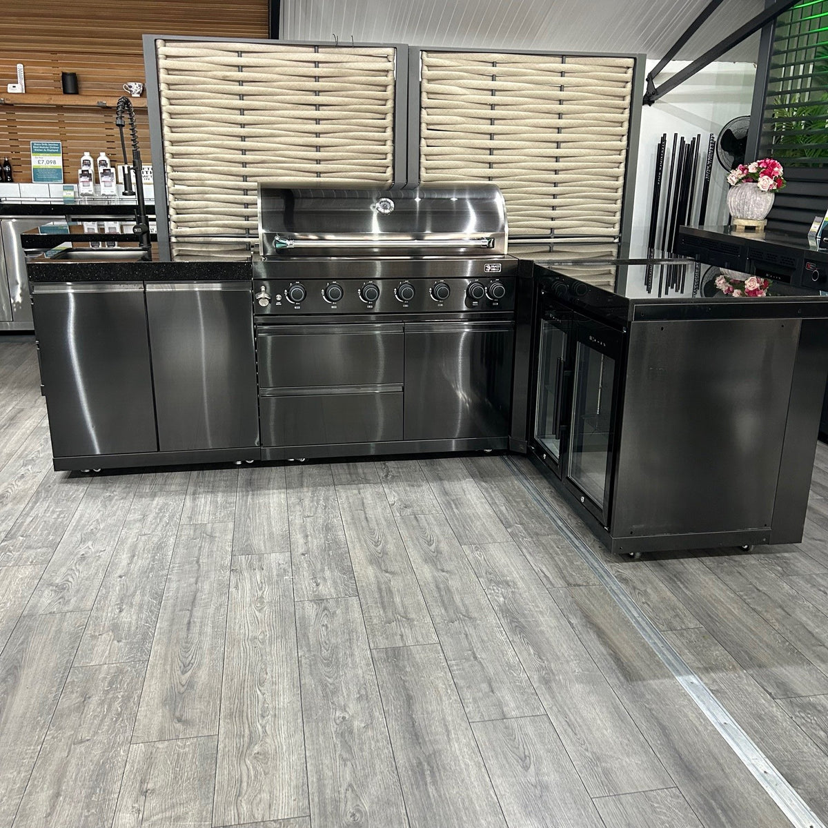 Ex Display Draco Grills 6 Burner BBQ Black Stainless Steel Modular Outdoor Kitchen Double Fridge Unit, 90 Degree Corner and Sink Unit