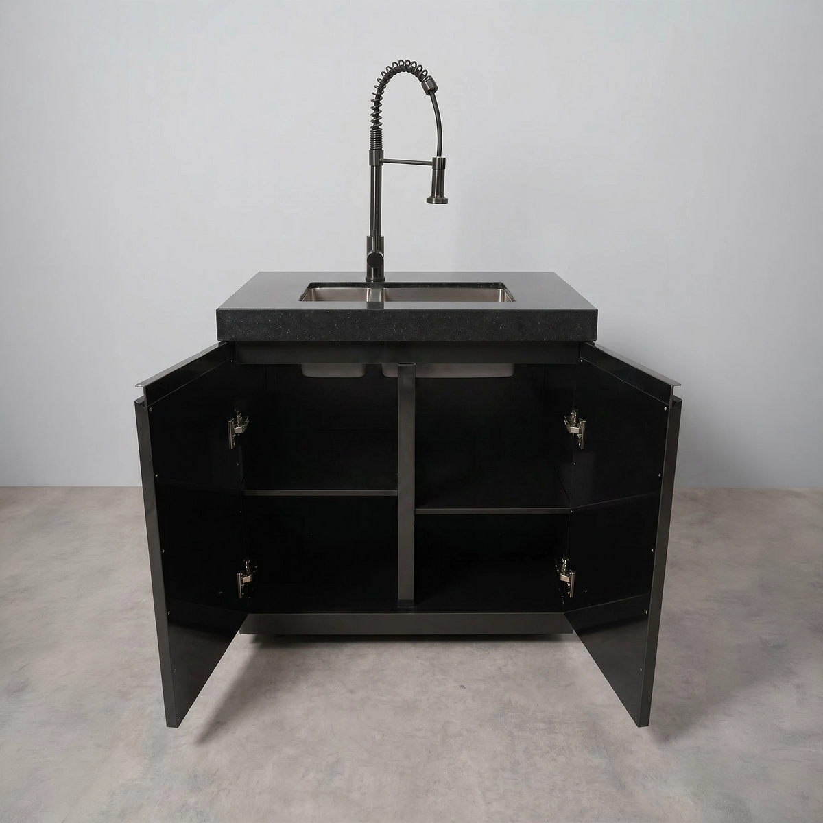 Draco Grills Outdoor Kitchen Black Stainless Steel 1.5 Sink Double Cabinet with Ceramic Top