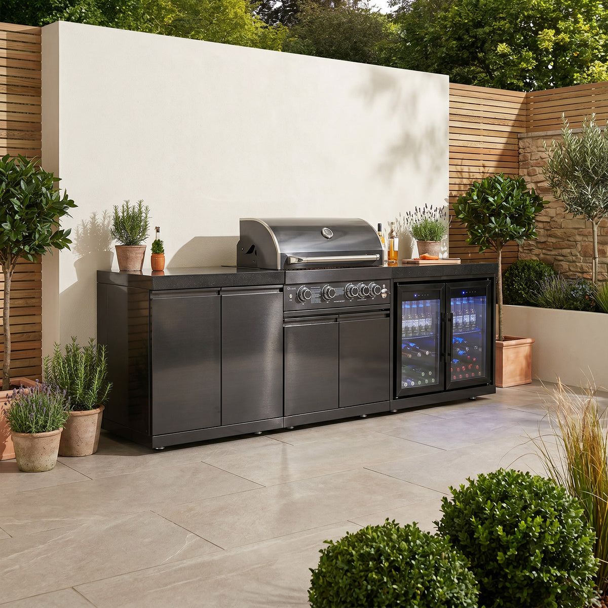 Draco Grills 4 Burner BBQ Black Stainless Steel Modular Outdoor Kitchen with Double Fridge and Double Cabinet