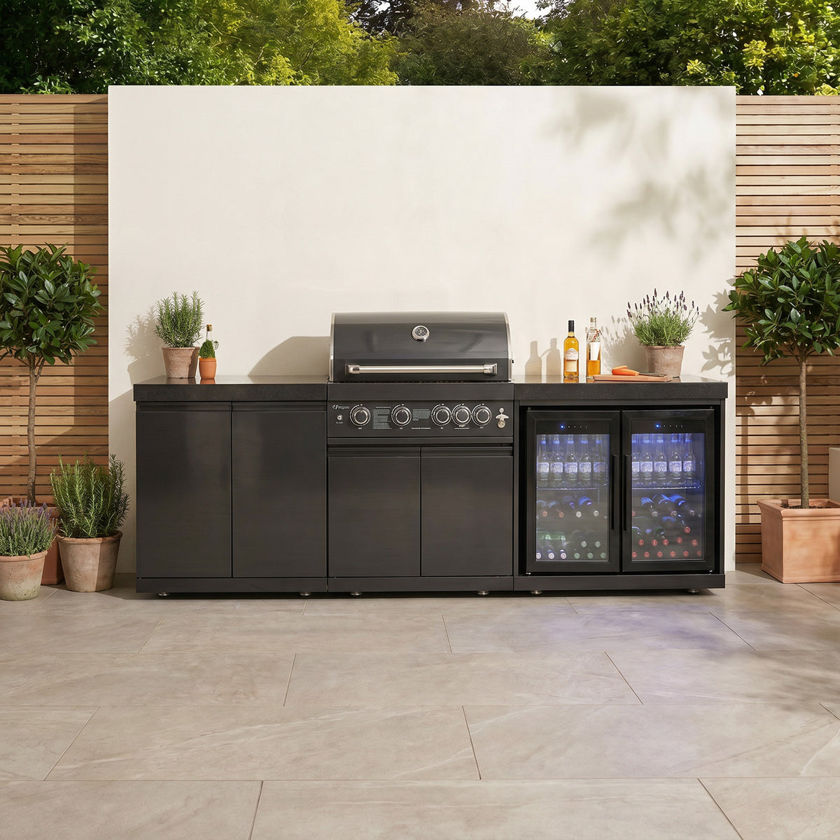 Draco Grills 4 Burner BBQ Black Stainless Steel Modular Outdoor Kitchen with Double Fridge and Double Cabinet