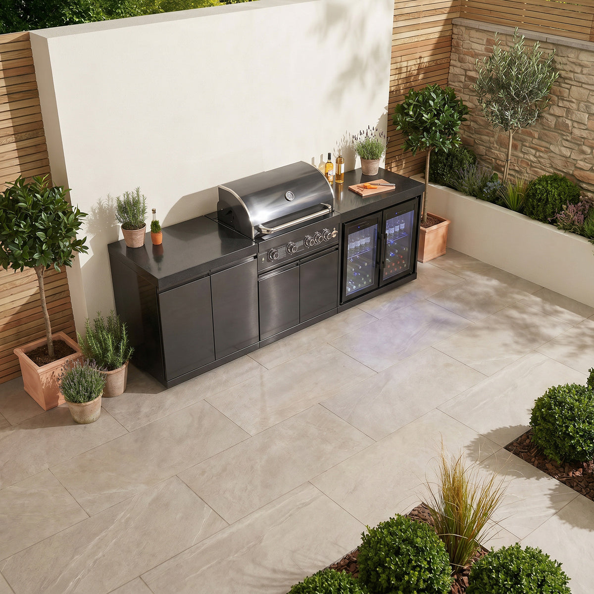Draco Grills 4 Burner BBQ Black Stainless Steel Modular Outdoor Kitchen with Double Fridge and Double Cabinet