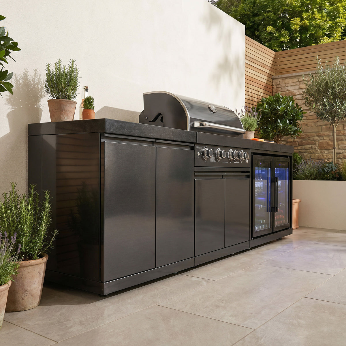 Draco Grills 4 Burner BBQ Black Stainless Steel Modular Outdoor Kitchen with Double Fridge and Double Cabinet