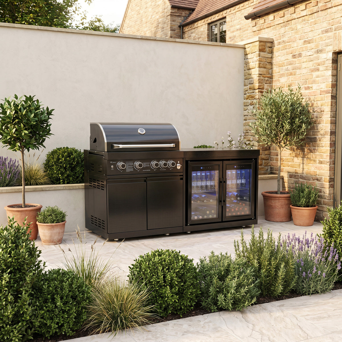 Draco Grills 4 Burner BBQ Black Stainless Steel Modular Outdoor Kitchen with Double Fridge