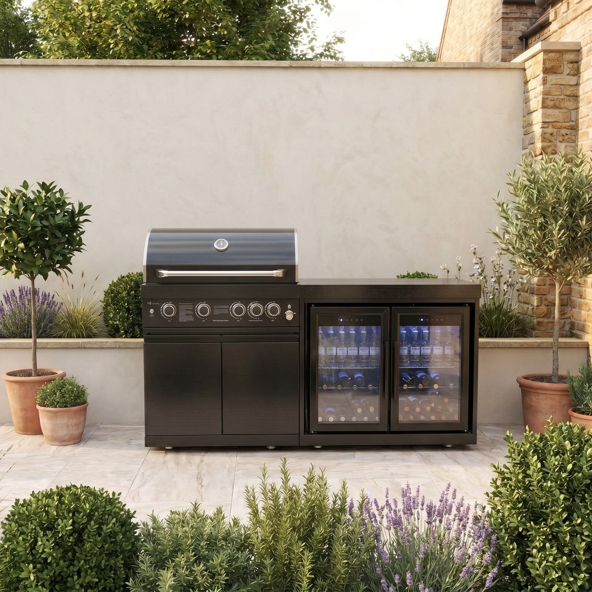 Draco Grills 4 Burner BBQ Black Stainless Steel Modular Outdoor Kitchen with Double Fridge