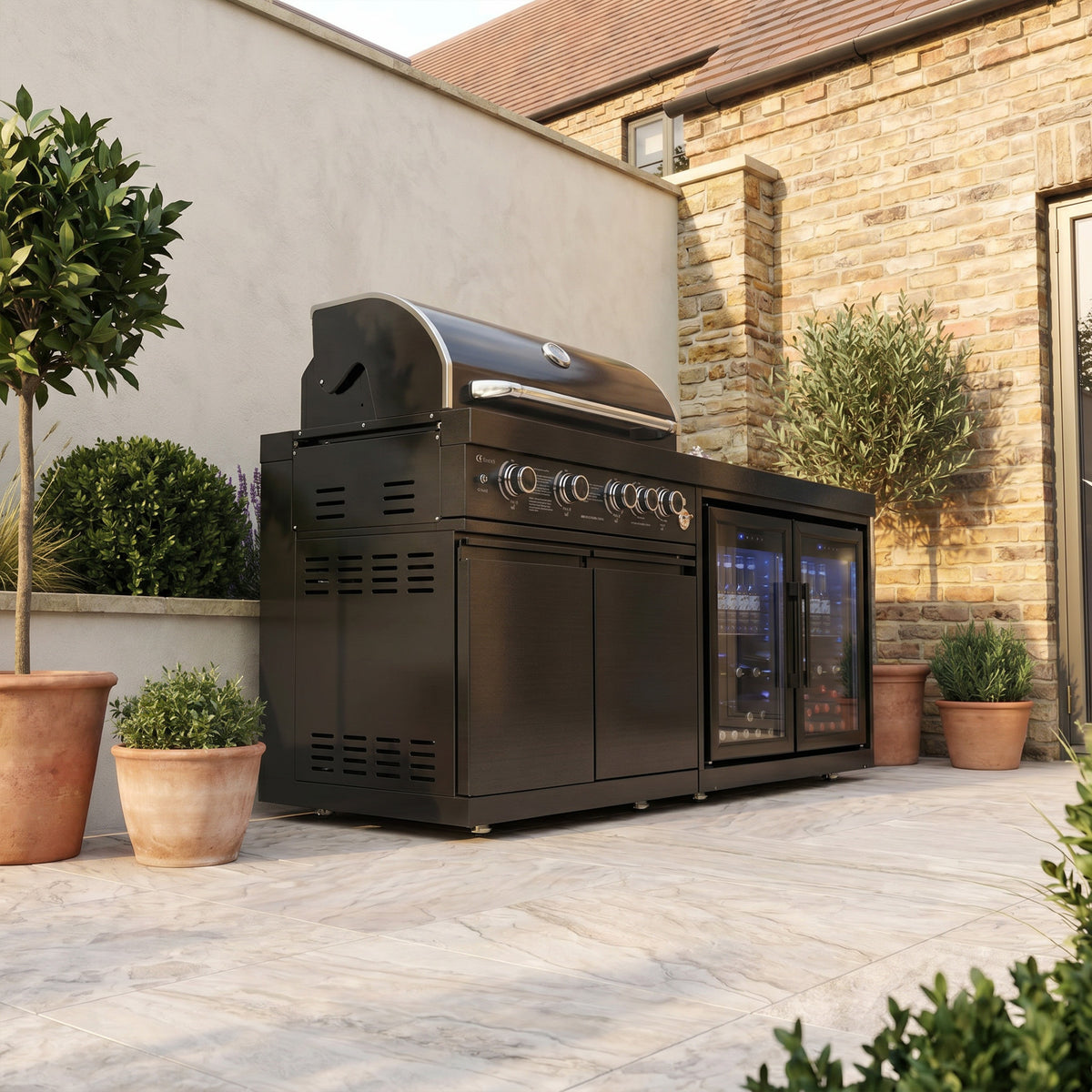 Draco Grills 4 Burner BBQ Black Stainless Steel Modular Outdoor Kitchen with Double Fridge