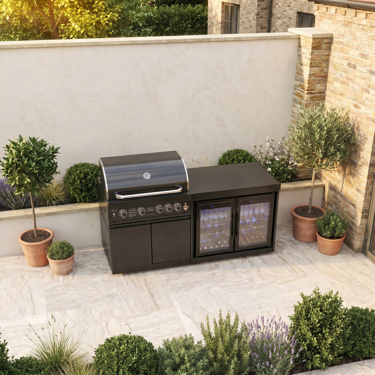 Draco Grills 4 Burner BBQ Black Stainless Steel Modular Outdoor Kitchen with Double Fridge