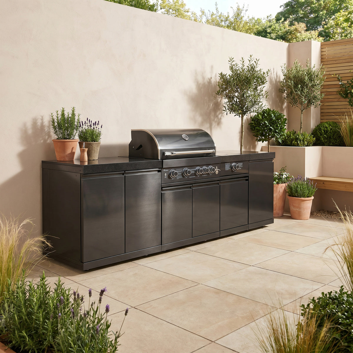 Draco Grills 4 Burner BBQ Black Stainless Steel Modular Outdoor Kitchen with Sear Station and Cabinets