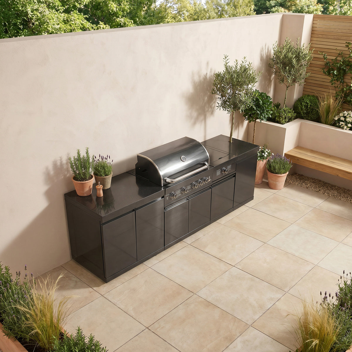 Draco Grills 4 Burner BBQ Black Stainless Steel Modular Outdoor Kitchen with Sear Station and Cabinets