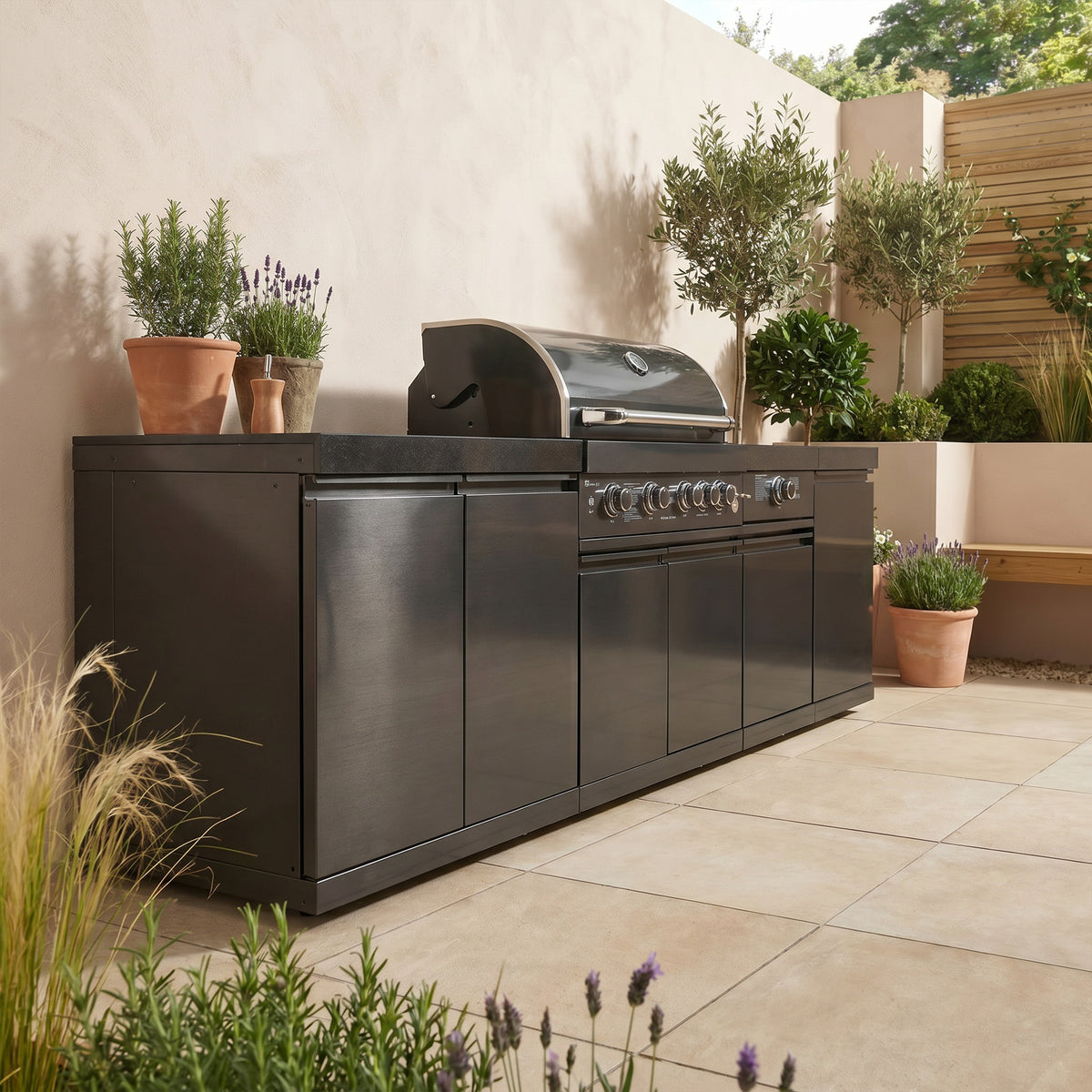 Draco Grills 4 Burner BBQ Black Stainless Steel Modular Outdoor Kitchen with Sear Station and Cabinets